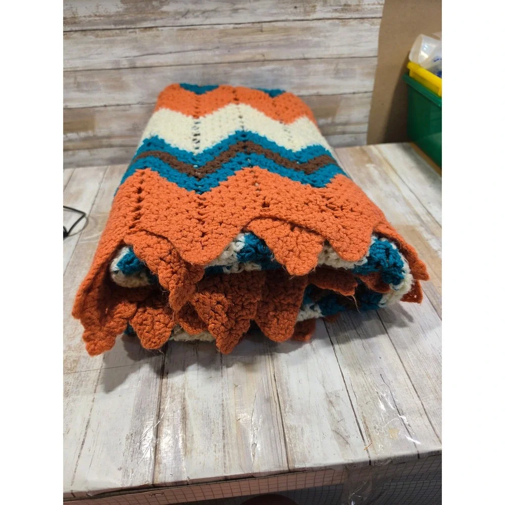 Vintage Handmade Crochet Afghan Blanket Orange Teal Brown Chevron Ripple 43x83